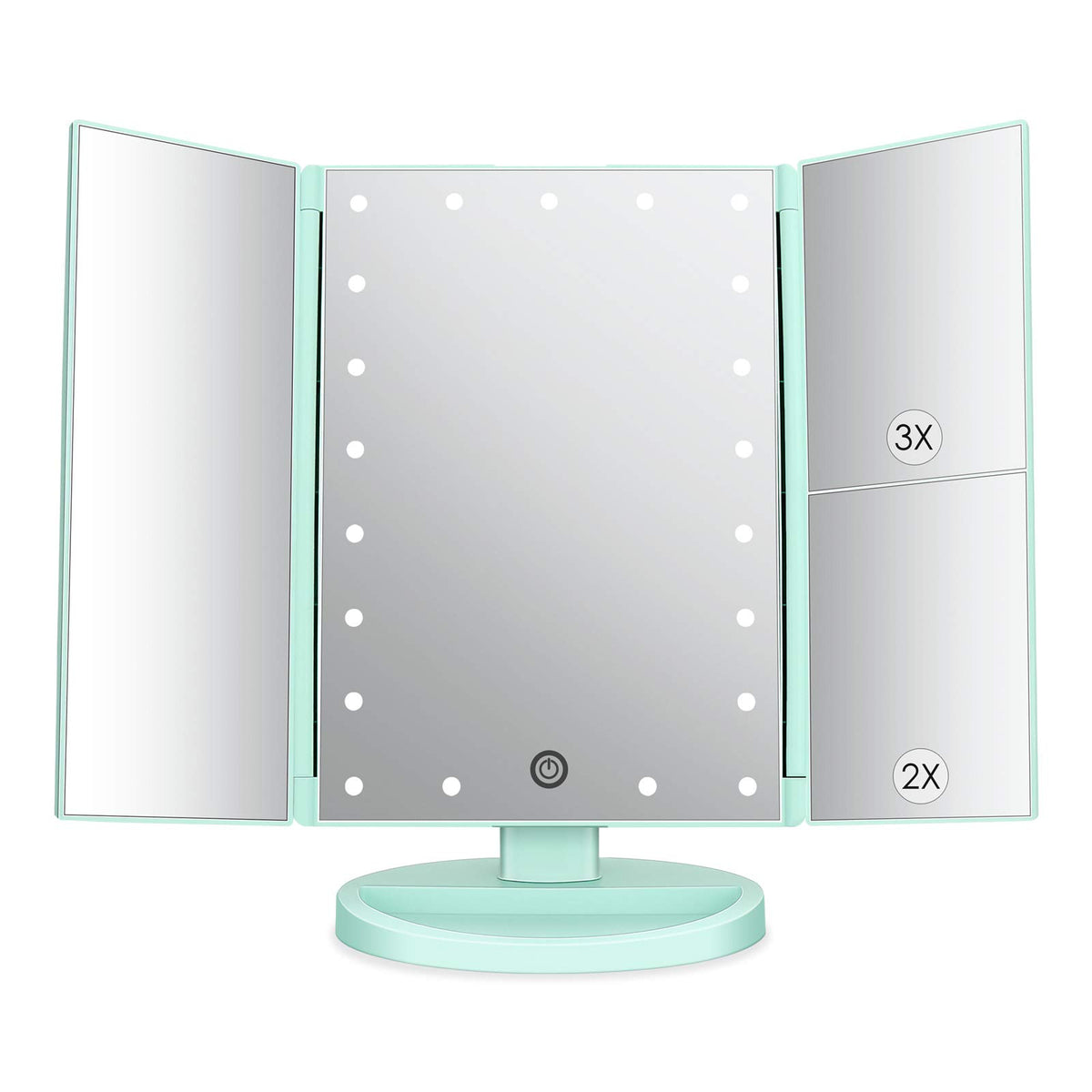 Dresser Mount Tri-Fold Lighted Vanity Mirror with 21 LED Lights, Touch Screen and 3X/2X/1X Magnification, Two Power Supply Modes Make Up Mirror,Travel Mirror