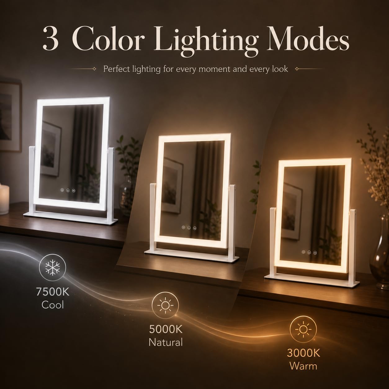 Decadence 17.3 x 13 in Lighted Makeup Mirror, 10X/5X Magnifiers | Plug-in tabletop vanity mirror with 3 color lighting, dimmable touch control, 360° rotation, and removable 10X/5X magnifiers.