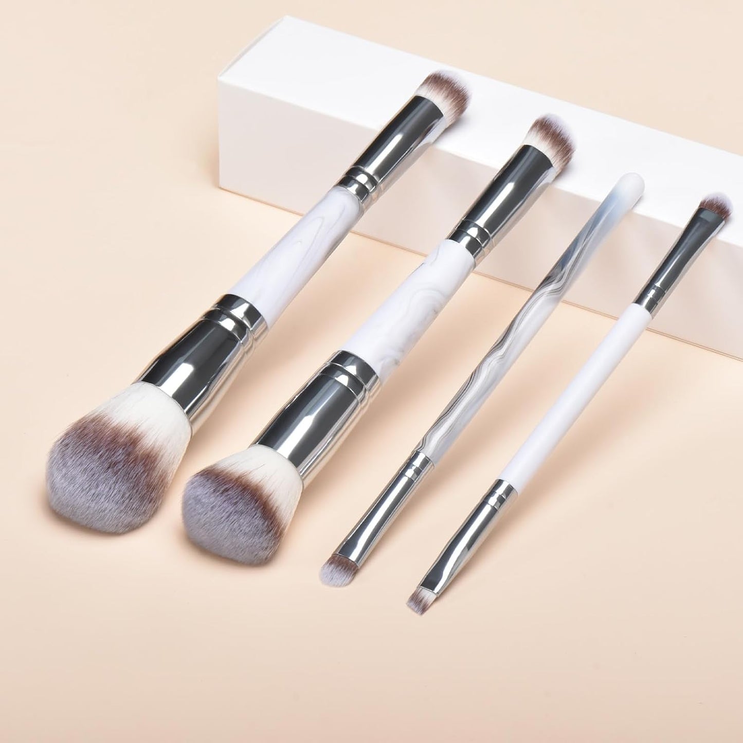 4PCS Gray Dual-Ended Makeup Brushes Set, Professional Powder Blush Concealer Eyeshadow Kabuki Foundation Brush Kit, with Travel Pouch, Soft Vegan Synthetic Bristles