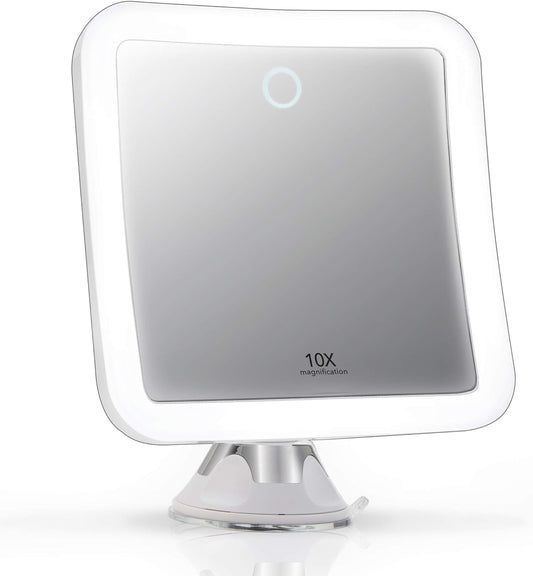 Fancii Rechargeable 10x Magnifying Mirror with 3 LED Light Settings, Dimmable Touch Light, Cordless, Locking Suction Mount, Lighted Mirror for Bathroom or Travel, Mira 2 (White)