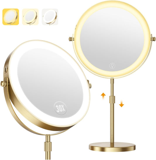 30X Magnifying Makeup Mirror with Lights, Height Adjustable Double Sided Vanity Mirror, 360° Rotation Cosmetic Mirror for Desk Bathroom - Antique Bronze