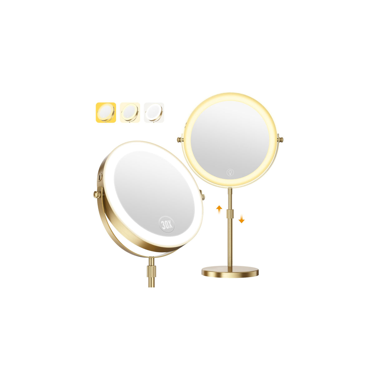 30X Magnifying Makeup Mirror with Lights, Height Adjustable Double Sided Vanity Mirror, 360° Rotation Cosmetic Mirror for Desk Bathroom - Antique Bronze