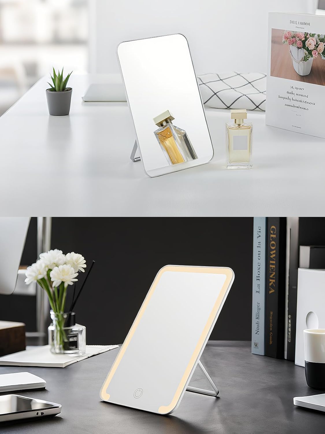 OMIRO 8 x 5 in Desk Makeup Mirror with Stand and Hanging Hole, White | Table Mirror with Foldable Bracket, Travel Mirror for Men and Women, Shaving and Travel, Distortion-Free Reflection