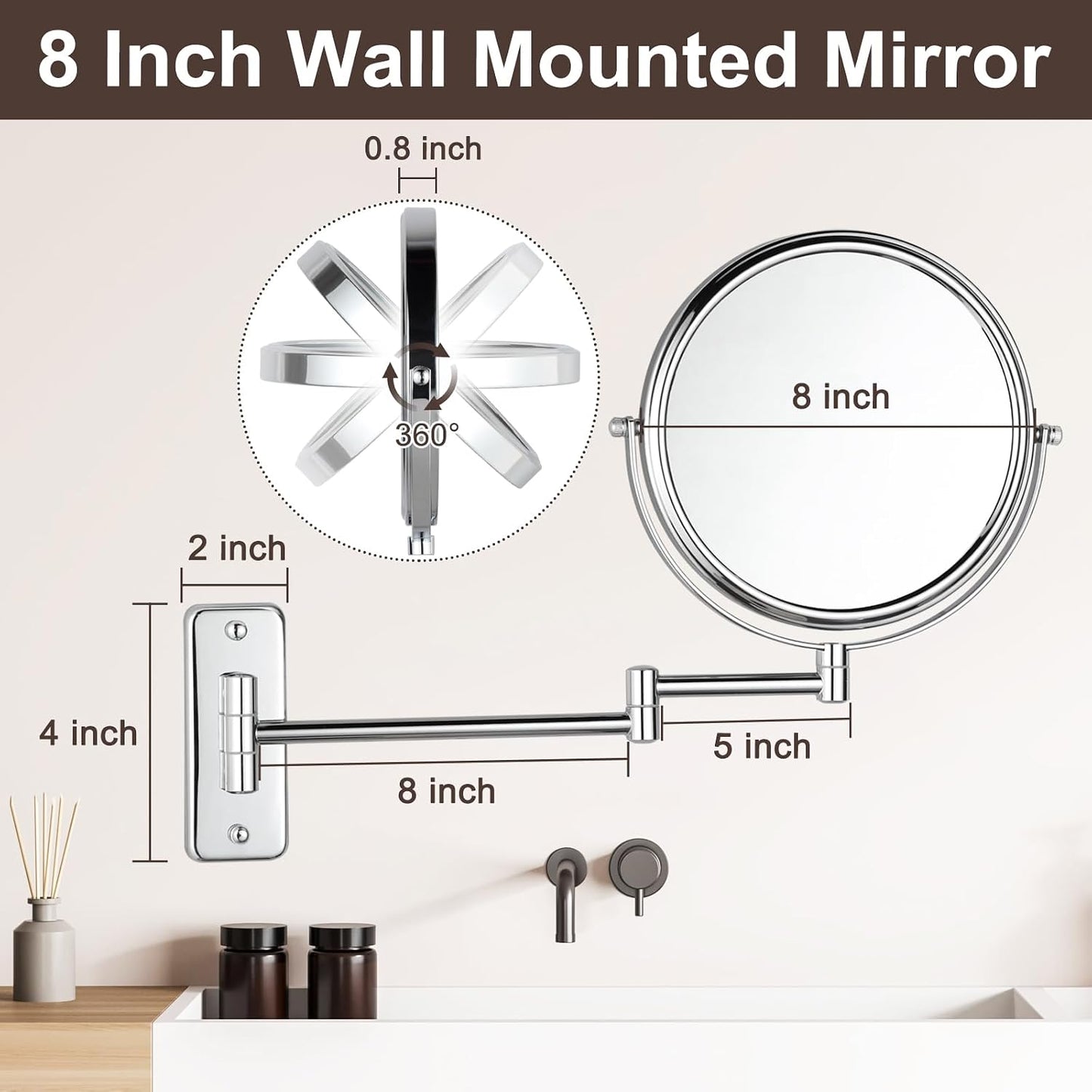 DECLUTTR 8 Inch Wall Mounted Magnifying Mirror with 10x Magnification, Double Sided Vanity Makeup Mirror for Bathroom, Chrome Finished
