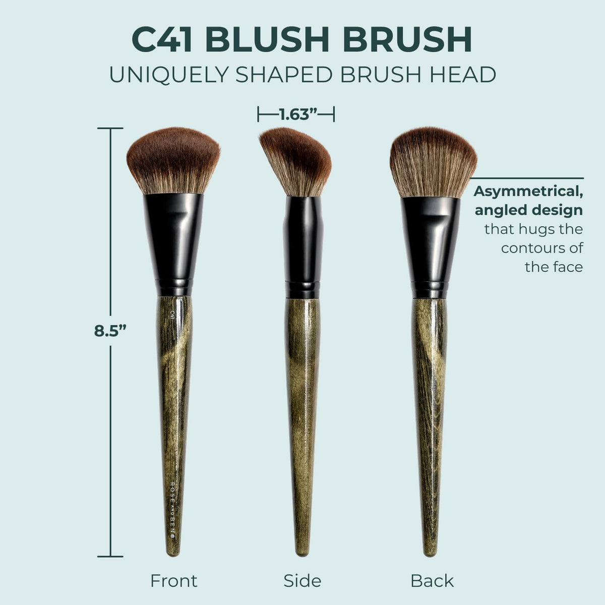 Rose and Ben Beauty C41 Angled Blush Brush | Multi-Use Angled Makeup Brush, Use with Pressed, Powder & Cream Cosmetics, Non-Shedding Synthetic Bristles, Cruelty-Free