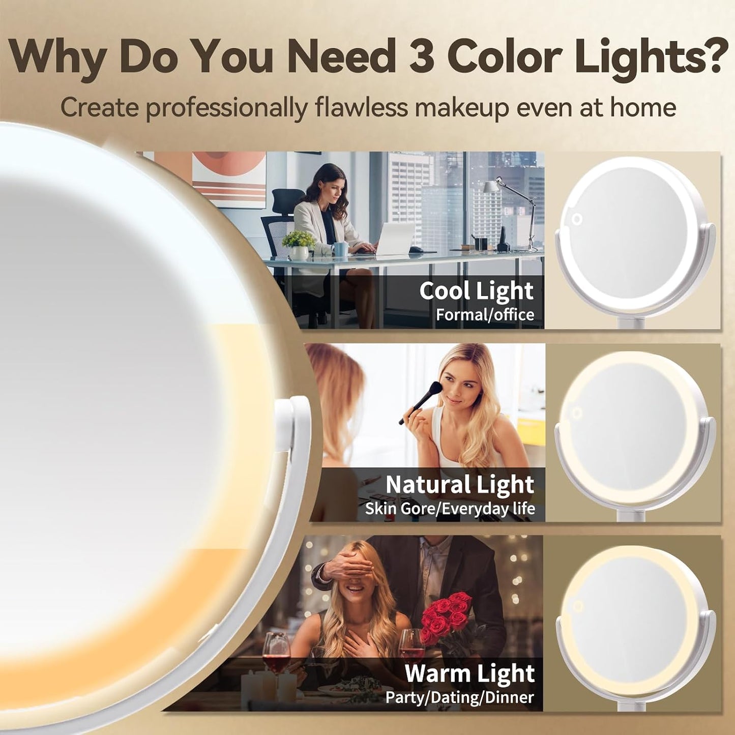 Makeup Mirror with Lights, Lighted Makeup Mirror with Magnification, 80 LED Vanity Mirror with Lights, 3 Color Modes & Stepless Dimming, Shatterp roof & Stable Base