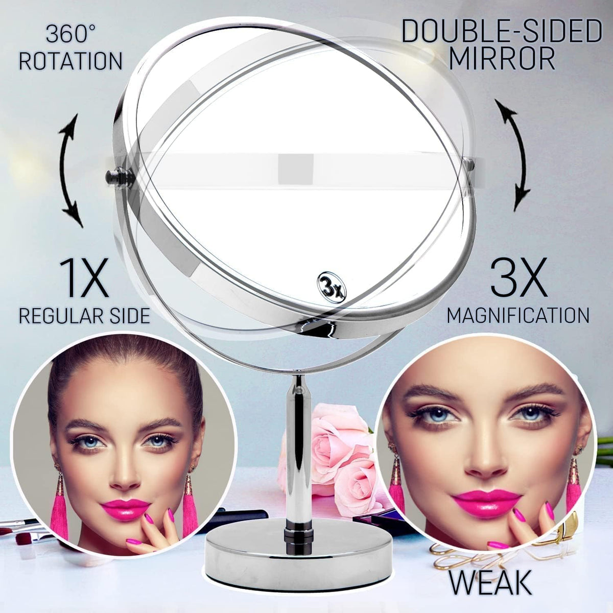 XXL Double Sided 3X Magnifying Makeup Mirror with Stand, 17"x11" | 1X Flip Side & 3X Magnifying Mirror with Sturdy Base - Ideal for Desk, Table, Office, Retail Store Counters & Makeup Vanities