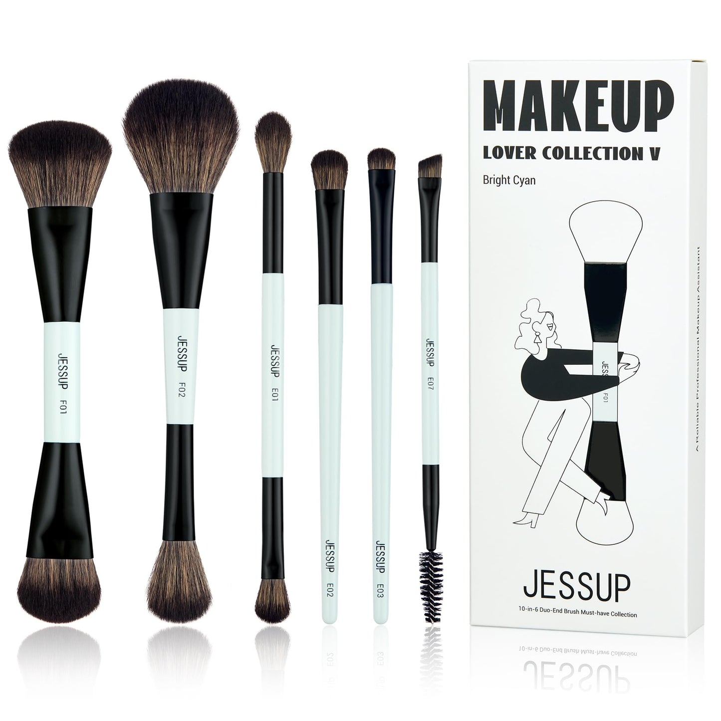 Jessup Makeup Brushes Set 10pcs, Double Sided Foundation Contour Blush Highlight Blending Eyebrow Brush Eyeshadow Eyeliner Concealer Brush, Bright Cyan Cruelty Free Cosmetic Tools T500