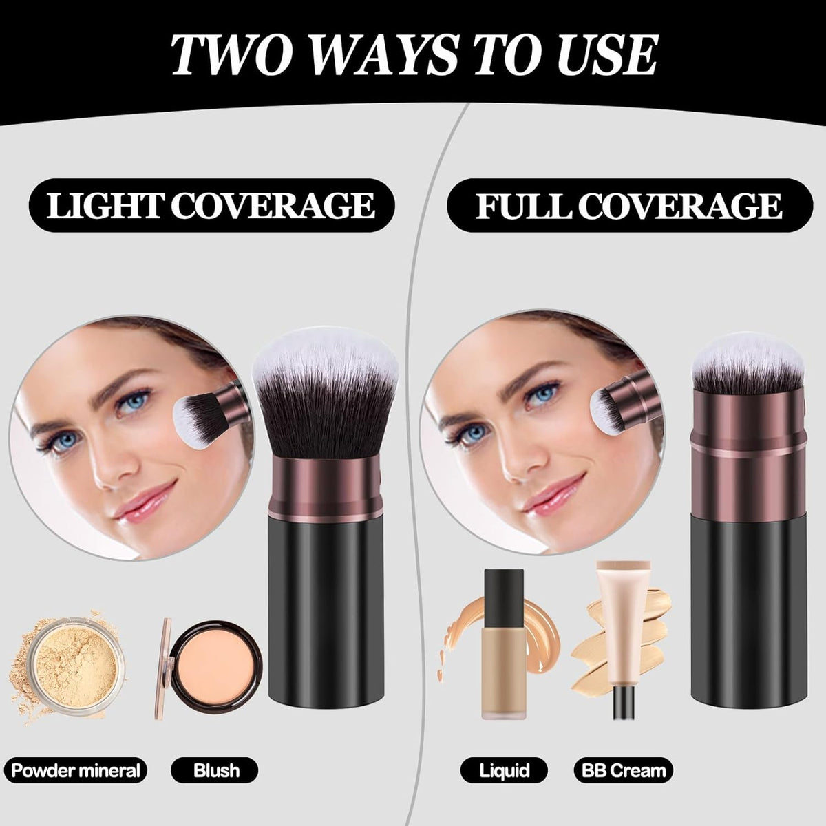 Retractable Kabuki Brushes, 2 Pack Travel Powder Face Makeup Brush Set | Professional Makeup Brushes for Foundation, Blush, Bronzer, Flawless Cosmetics, Cruelty Free with Aluminum Handle, Cover