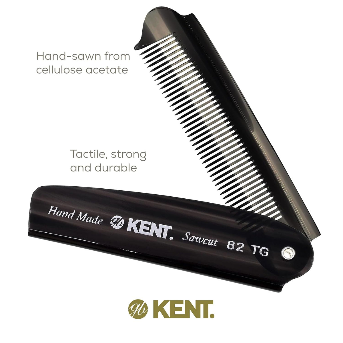 Kent 82T Black Graphite Folding Pocket Comb for Men, Fine Tooth Hair Comb Straightener for Everyday Grooming, Beard or Mustache, Use Dry or with Balms, Saw Cut Hand Polished, Made in England