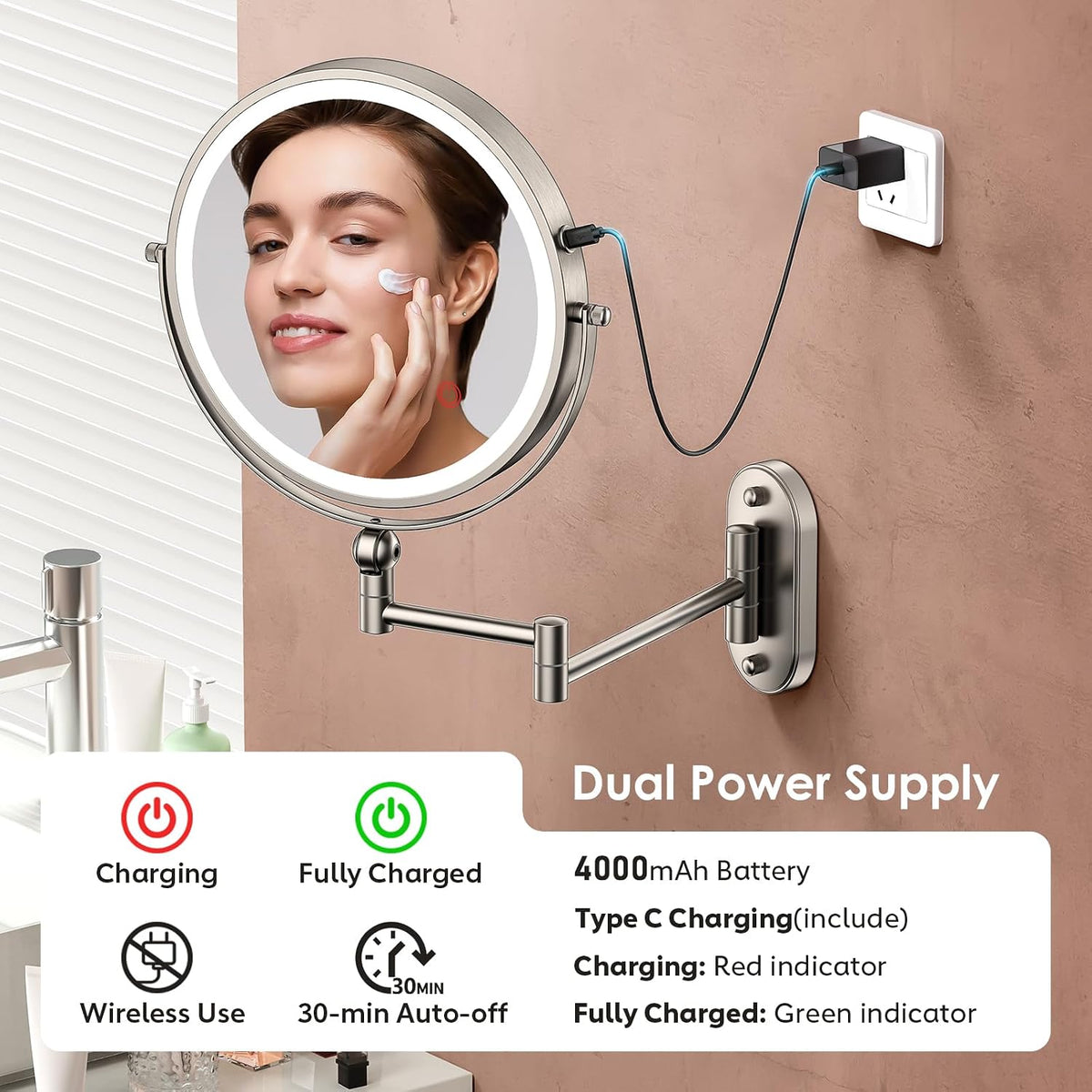 ZLOKLA 9" Wall Mounted Lighted Makeup Mirror,4000mAh Rechargeable Double Sided 1X/30X Magnifying Mirror with Light,Touch Dimmable,Extended Arm 360 Rotation Wall Mounted Makeup Mirror 3 Color Lights-N