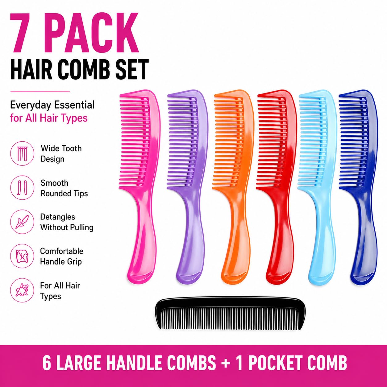 (6 Pack) 8" Colorful Dressing Comb Dresser Comb Round Handle Comb Hair Combs and (1 Pack) 5" Favorict Pocket Comb (A)