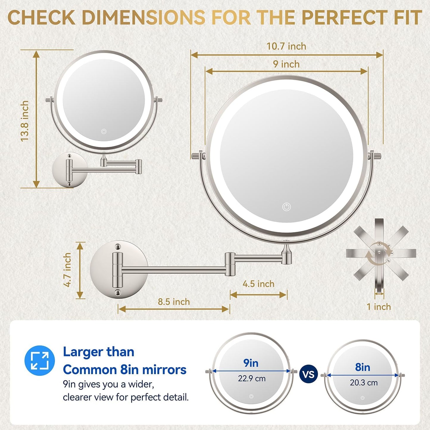Auxmir 9″ 5000mAh 1X/30X Wall Mounted Lighted Magnifying Makeup Mirror | Power Adapter&2 Tweezers Included/ 3 Dimmable Colors/ Dual Sided Button Control/ Rechargeable/ 360° Rotation/ Nickel