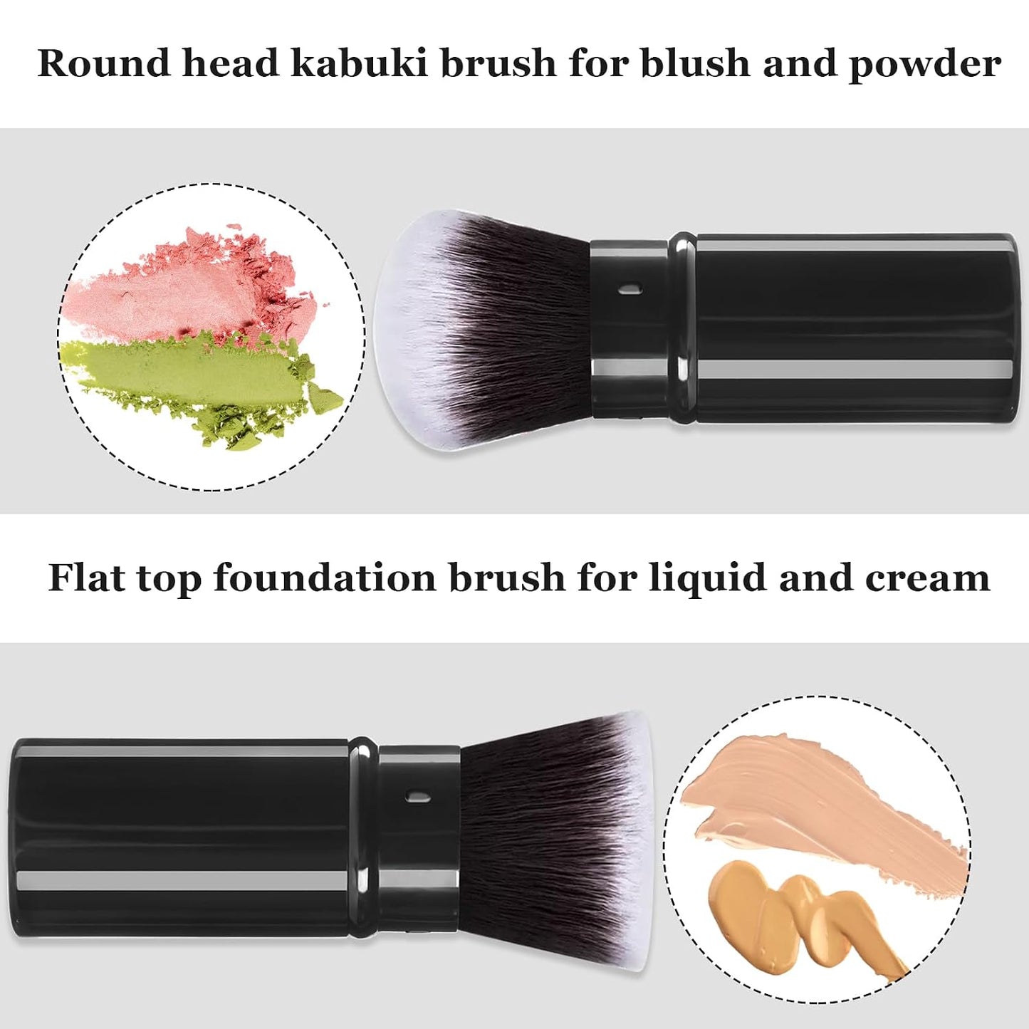 Retractable Kabuki Brush, 2 Pack Travel Foundation Face Makeup Brush Set | Powder Makeup Brushes for Blush, Liquid, Cream, Cosmetics, Loose Powder, Bronzer, with Aluminum Handle, Cover