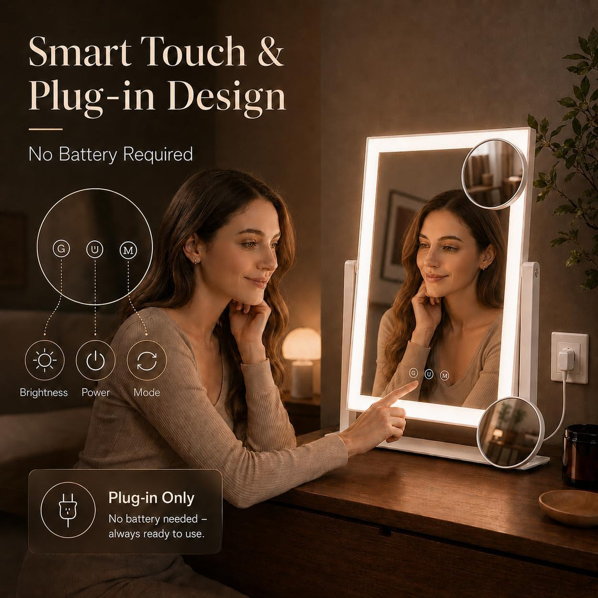 Decadence 17.3 x 13 in Lighted Makeup Mirror, 10X/5X Magnifiers | Plug-in tabletop vanity mirror with 3 color lighting, dimmable touch control, 360° rotation, and removable 10X/5X magnifiers.