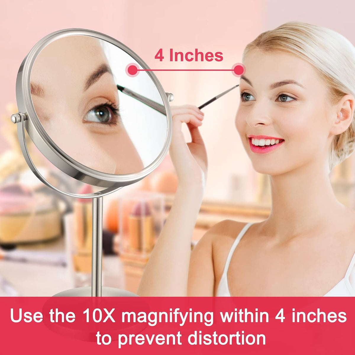 ALHAKIN 10x Magnifying Makeup Mirror, 8 Inch Tabletop Mirror with 1X/10X Magnification Double Sided, Standing Bathroom Makeup Mirror for Desk, Nickel