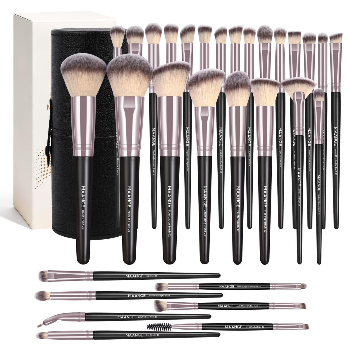 MAANGE 30 Pcs Professional Makeup Brush Set with Travel Case – Kabuki, Foundation, Powder, Blush,Blending& Eyeshadow Brushes, Labeled for Gift-Ready Box,Champagne