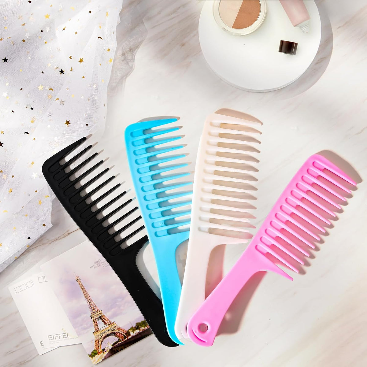 2PCS Wide Tooth Comb for Curly Hair, Large Detangling Comb for Wet or Dry Hair, Shower Comb for Women and Men(Black-Pink)