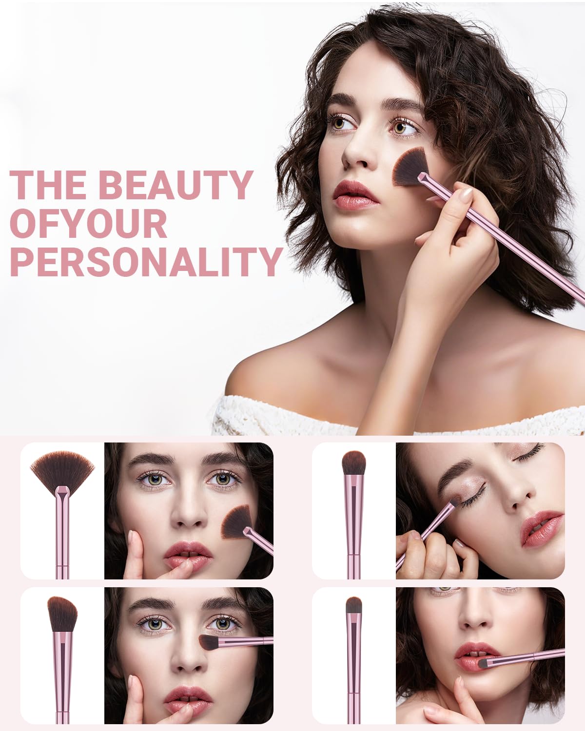 8Pcs Makeup Brushes Set Premium Eyeshadow 3 Puffs Pink Case 12 in 1