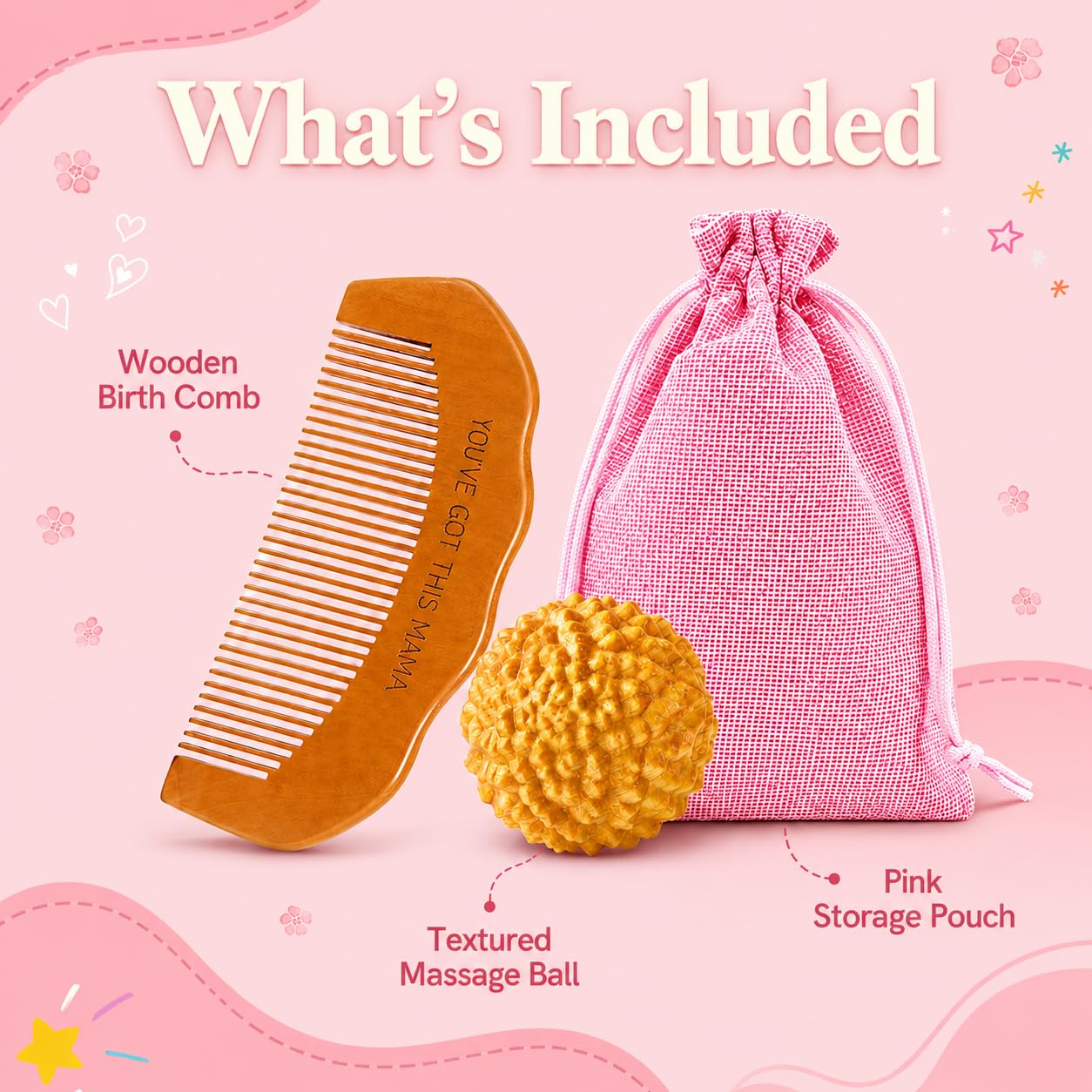 Birth Comb & Acupressure Massage Ball Set, Labor and Delivery Essentials | Wooden material, sensory focus, hospital bag essentials, mom-to-be gift