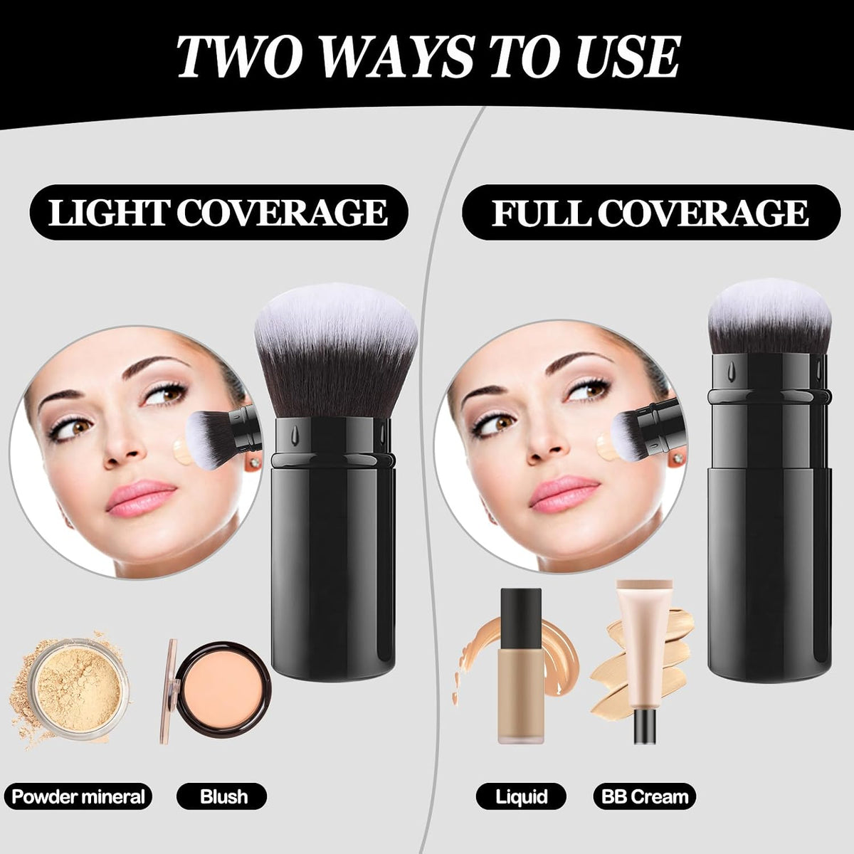Retractable Kabuki Brush, Travel Powder Face Makeup Brushes | Portable Flawless Makeup Brush for Foundation, Blush, Bronzer, Buffing, Cruelty Free with Cover, Aluminum Handle