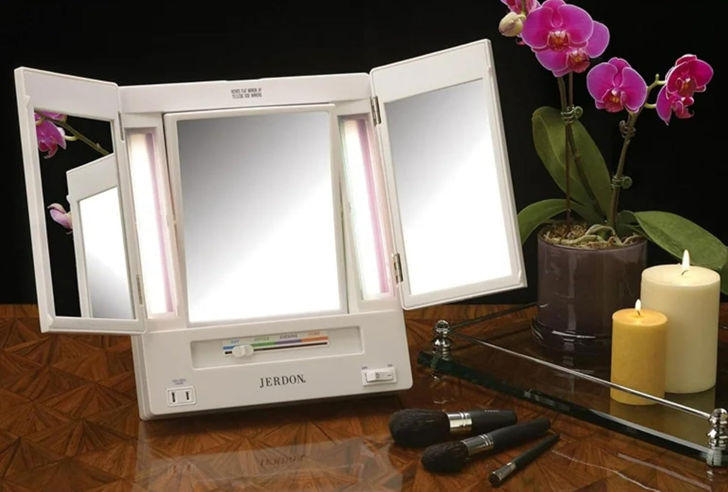 JERDON Lighted Makeup Mirror with 5X Magnification - White - JGL9W | Tri-Fold Two-Sided Design, Multiple Light Settings