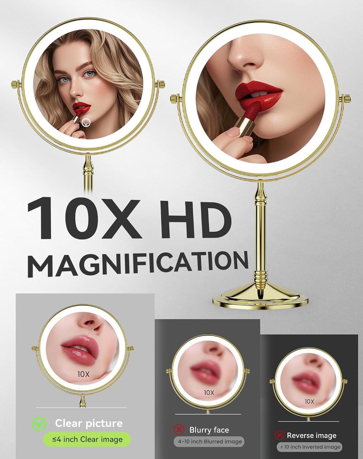 DOWRY 4000 mAh Rechargeable Lighted Makeup Mirror 10x Magnification Vanity Mirror Tabletop Two-Sided Swivel Gifts for Women Wife Mom Teengirls Mothers Day Gold Finish