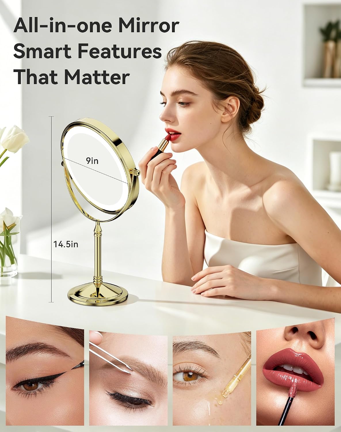 DOWRY 4000 mAh Rechargeable Lighted Makeup Mirror 10x Magnification Vanity Mirror Tabletop Two-Sided Swivel Gifts for Women Wife Mom Teengirls Mothers Day Gold Finish