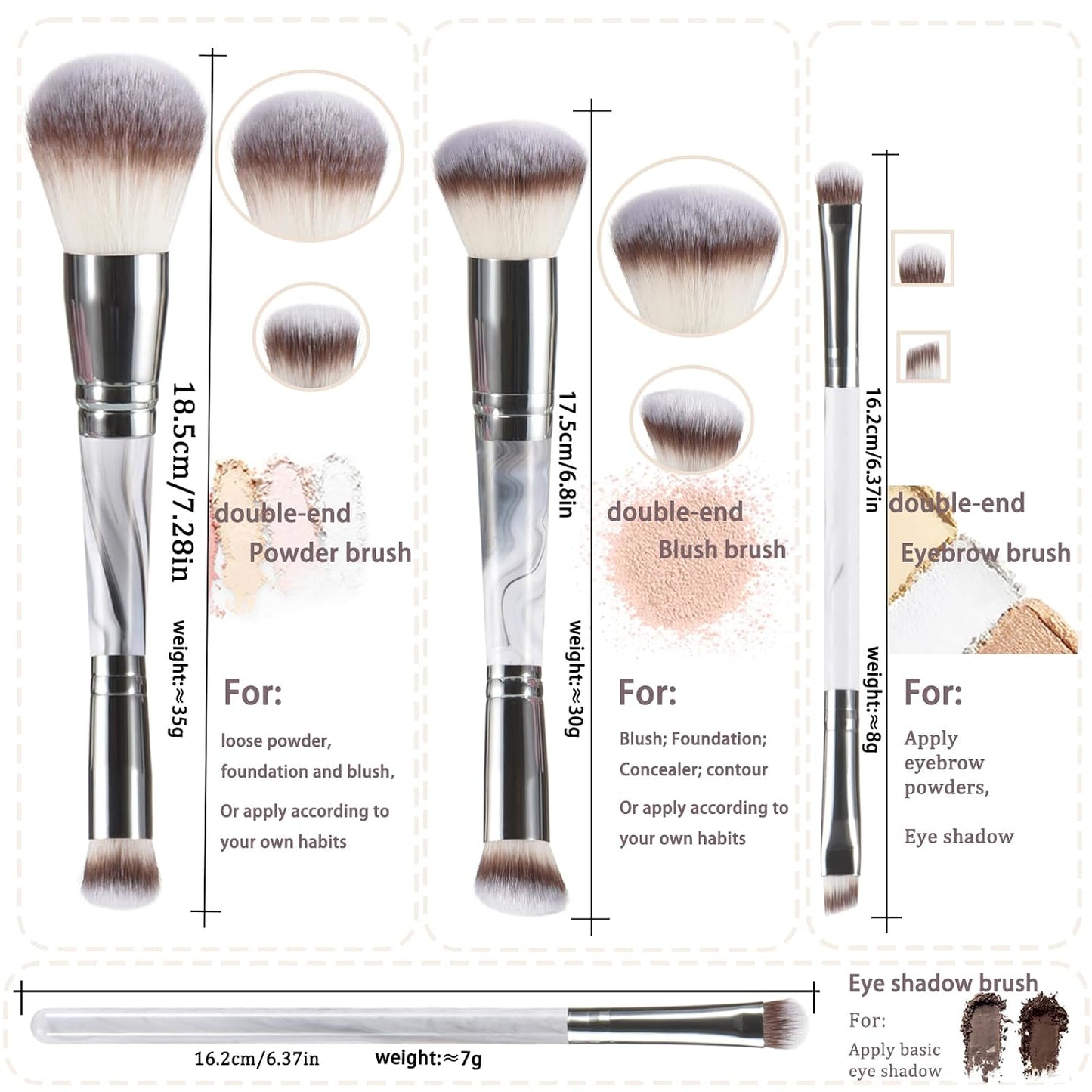4PCS Gray Dual-Ended Makeup Brushes Set, Professional Powder Blush Concealer Eyeshadow Kabuki Foundation Brush Kit, with Travel Pouch, Soft Vegan Synthetic Bristles