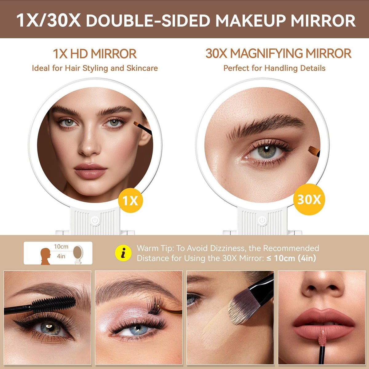 Auxmir 30X/1X Makeup Magnifying Mirror with Light, BM-2403 | double-sided button, adjustable 3 color lights, foldable design, desk mirror for travel women, 2000mAh battery, twezzers