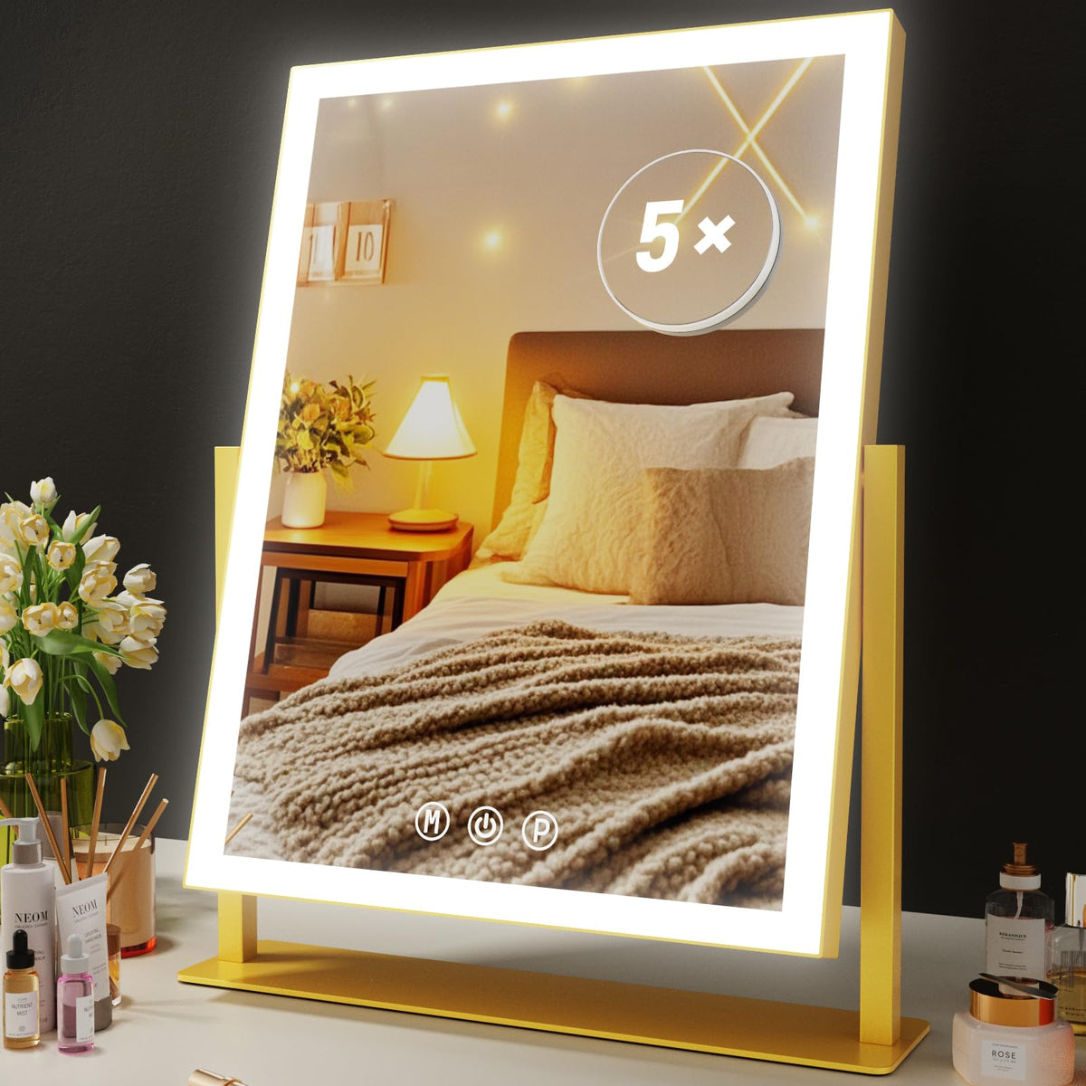 Gvnkvn Lighted Makeup Mirror, Hollywood Vanity Mirror with Lights, Three Color Lighting Modes, and Detachable 10X Magnification Mirror, Smart Touch Control, 360°Rotation (15.2in. Gold)