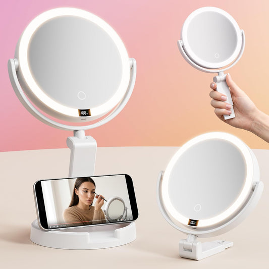 Makeup Mirror with Lights - 1X/30X Magnifying Double Sided Mirror | 3 Color Lighting & Stepless Dimming, 2000mAh Rechargeable, Foldable Portable, 7 Inches