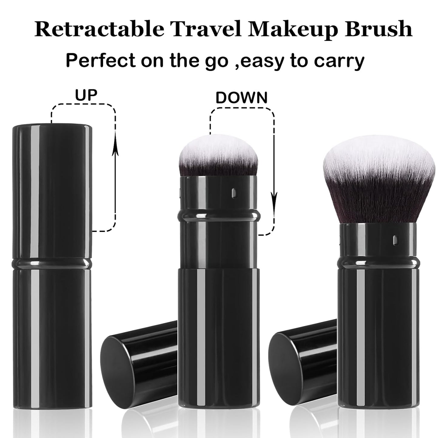 Retractable Kabuki Brush, 2 Pack Travel Foundation Face Makeup Brush Set | Powder Makeup Brushes for Blush, Liquid, Cream, Cosmetics, Loose Powder, Bronzer, with Aluminum Handle, Cover