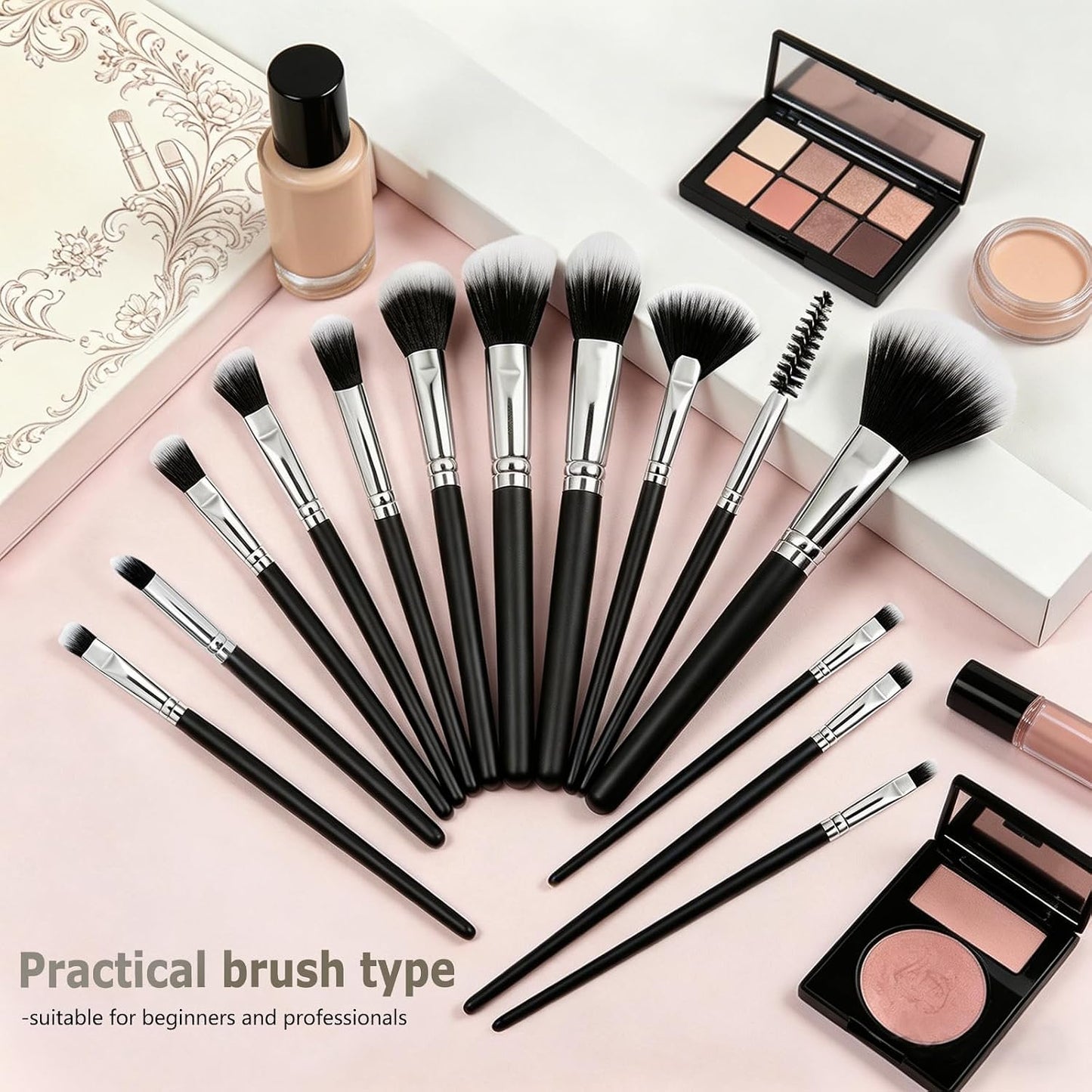 Makeup Brushes, 14 Pcs Travel makeup Brush Set, Black | Fibrous bristles, high density, fluffy, one-handle design，for Foundation, Concealer, Blush and Eyeshadow Brush