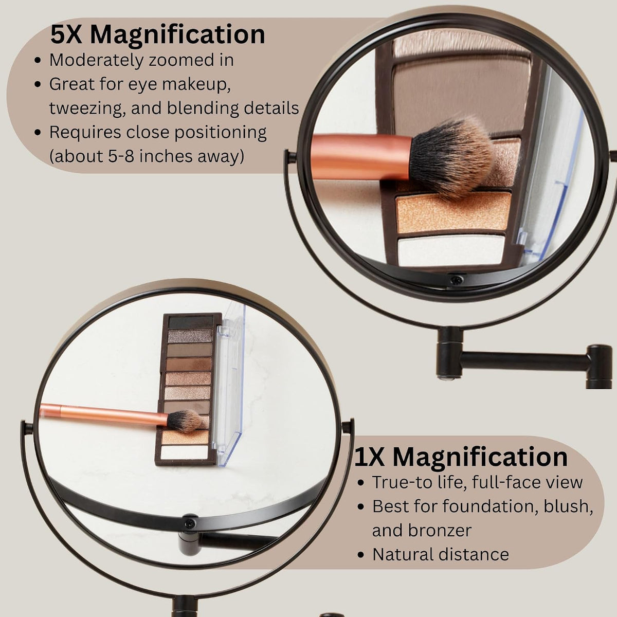 JERDON Wall-Mounted Makeup Mirror - 5X Magnification - Black - JP7506BK | 8" Round Frame, 13.5" Wall Extension Arm