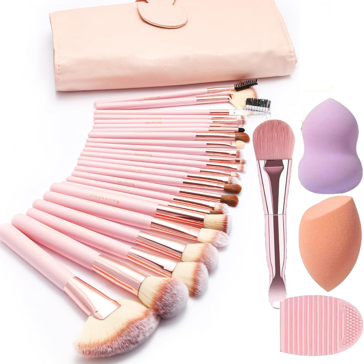 Complete Make Up Brush Sets for Women, NEVSETPO 28PCS Synthetic Makeup Kits Include 24 Makeup Brushes,2 Beauty Blenders, 1 Masks Spatula, 1 Cleaning Mat, Travel-Friendly Case