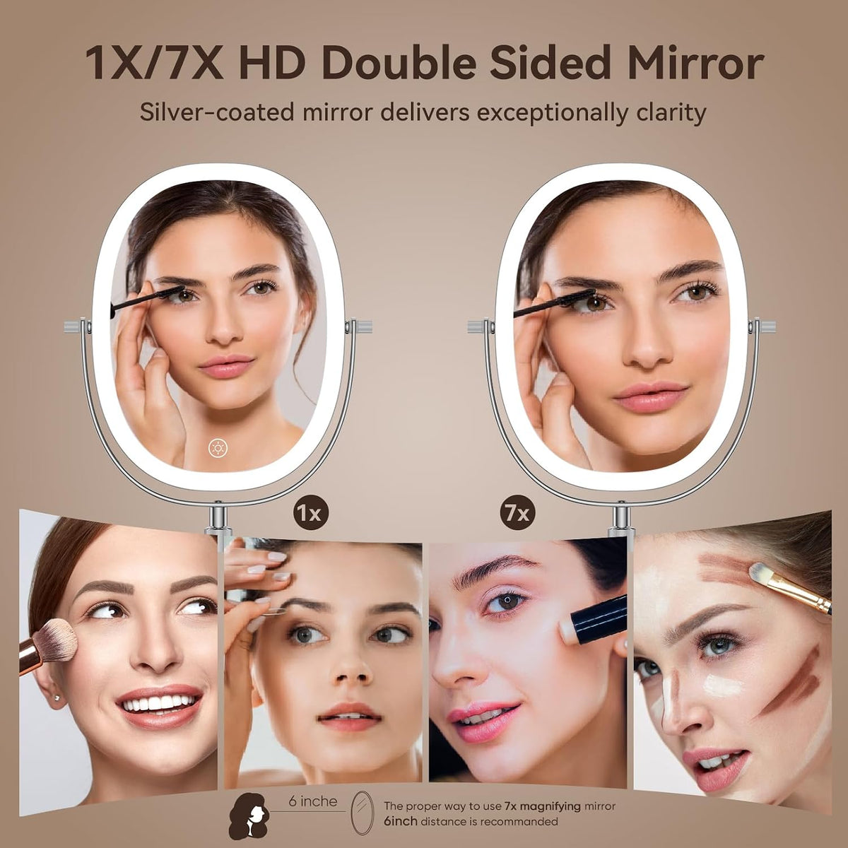 9″ Lighted Makeup Mirror with Magnification, Height Adjustable Vanity Mirror, Rechargeable Makeup Mirror with Lights- 3 Modes, 360° Swivel Double Sided 7x Magnifying Mirror, Mothers Day Gifts for Mom
