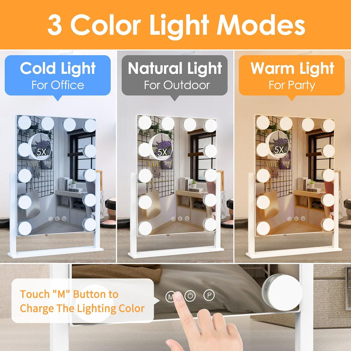 Dirket Vanity Mirror with Lights, Hollywood Lighted Makeup Mirror with 3 Color Lighting Modes and 12 Dimmable Bulbs, Detachable 5X Magnification, Smart Touch Control, 360°Rotation, White