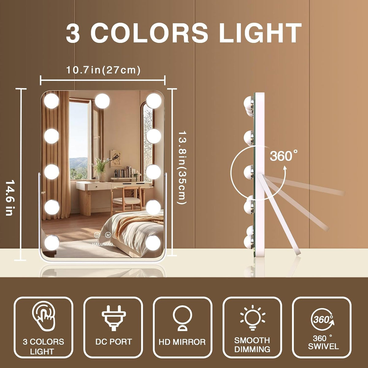 halumao 14.6" Vanity/Makeup Mirror with Lights, Hollywood Mirror with 11 Dimmable LED Bulbs,3 Color Modes,Touch Control