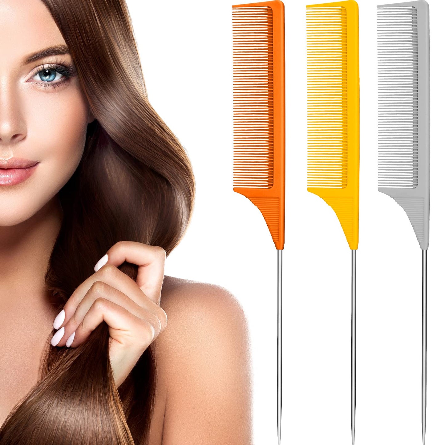 Leinuosen 3 Pack 9 Inch Rat Tail Comb with Metal Pick, Carbon Fiber,Pink | Heat Resistant Styling, Lightweight Sectioning, Fine Tooth for Precise Parting, Teasing Tool for Wigs and Women Haircare