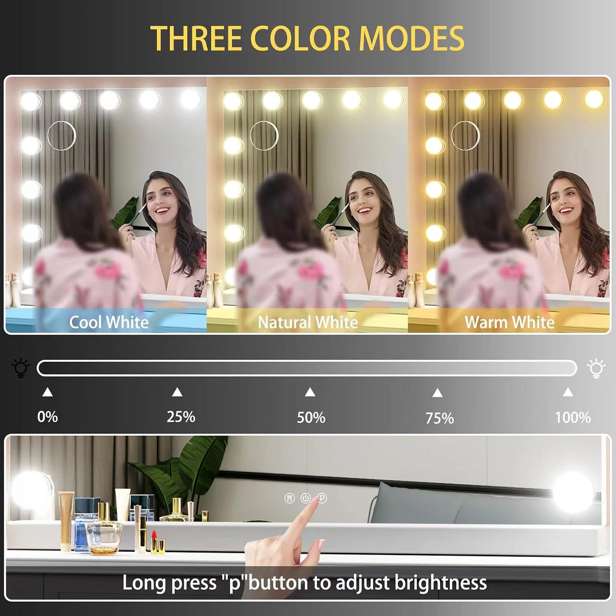 Gvnkvn Vanity Mirror with Lights, 32 x 24 Tabletop Hollyhood Makeup Mirror, Hollywood Lighted Mirror with 18 Dimmable LED Bulbs,3 Colors Modes,Touch Control,Metal Frame,