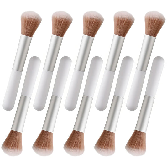 10-Piece Set Fluffy Beauty Makeup Brushes, Portable Blending Brushes with Eyebrow and Powder Application, White Mushroom-Design Plastic Travel Brushes for Makeup