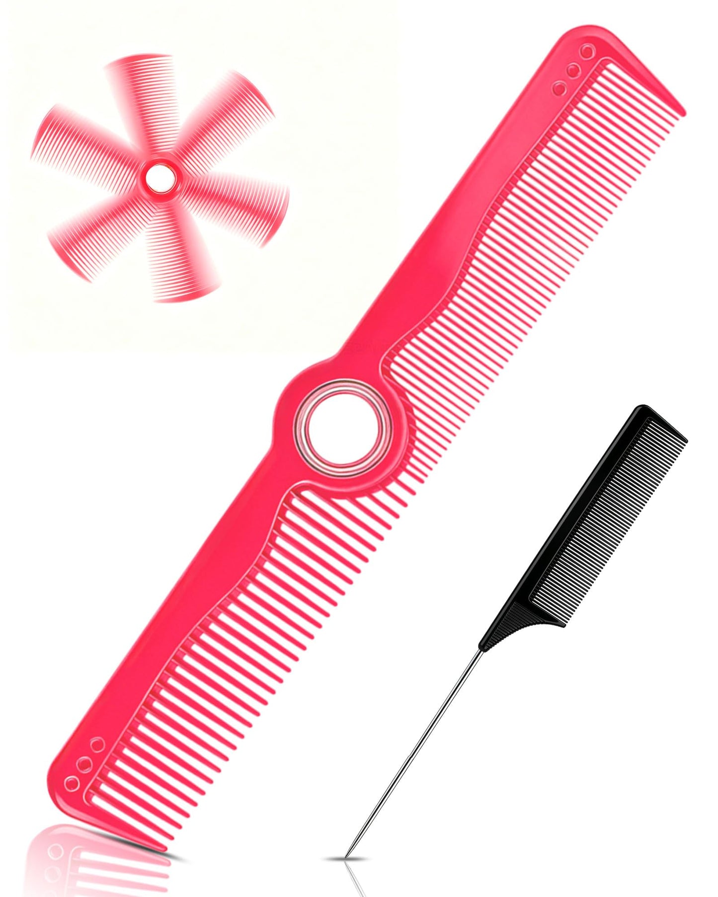 Rotatable Hair Comb, 8" Fine & Wide Tooth Comb with Bonus 9" Rat Tail Comb | Professional Hair Comb for Men Women, Carbon Fiber + ABS, Rounded Teeth, Heat Resistant for Hair Stylists, Barbers