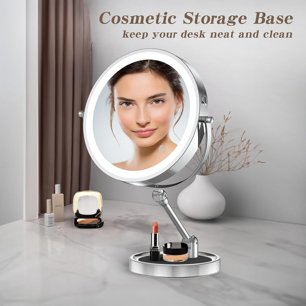 Tabletop Makeup Mirror with Built-in Vanity Tray, 9" Rechargeable 4000mAh Lighted Vanity Mirror 1X/10X Magnification, Height-Adjustable Arm, 3 Color Dimmable (9Inch Chrome)