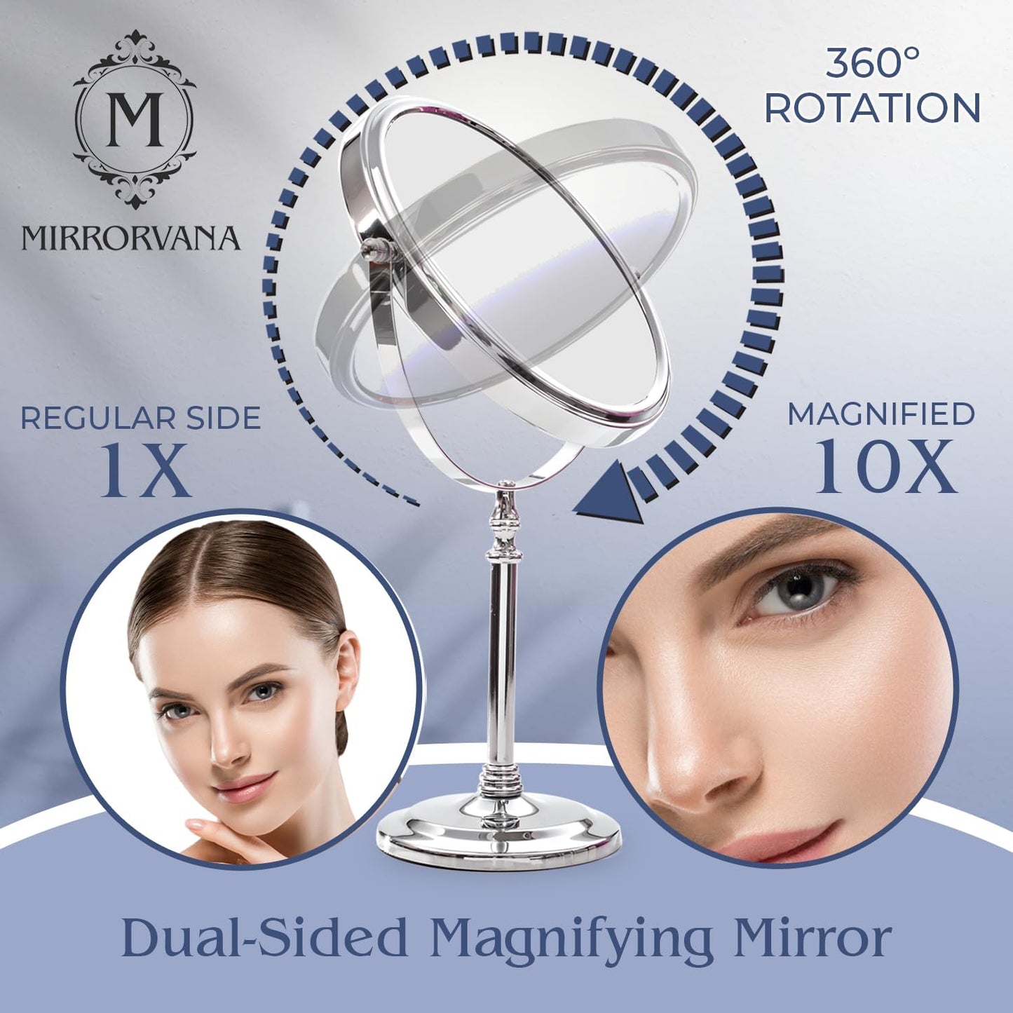 Large Double Sided 10X/1X Makeup Mirror, 15" x 8" (Chrome) | Dual sided Magnifying Mirror on Stand for Bedroom Vanity & Bathroom Use - Classic Free Standing Table Mirror for Skincare