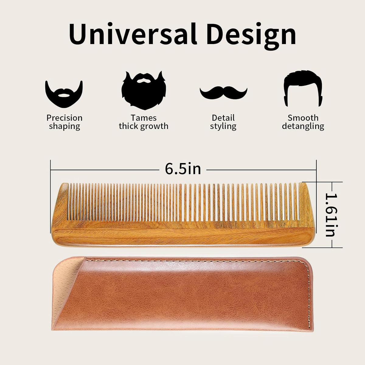 Onedor Handmade 100% Natural Green Sandalwood Wooden Comb for Men Hair, Beard, and Mustache Styling Pocket Comb With Leather Case (Long)