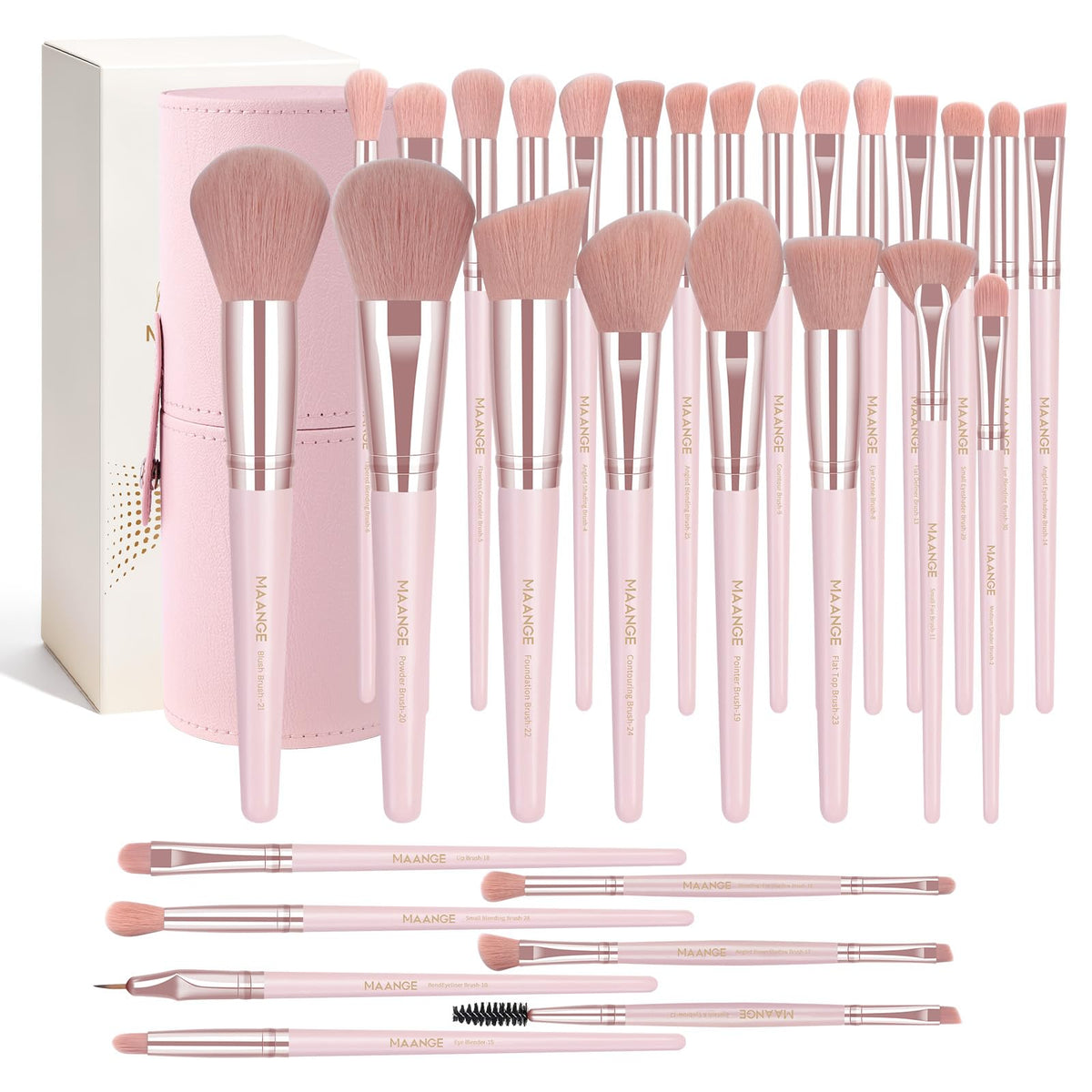 MAANGE 30 Pcs Professional Makeup Brush Set with Travel Case – Kabuki, Foundation, Powder, Blush,Blending& Eyeshadow Brushes, Labeled for Gift-Ready Box,Champagne