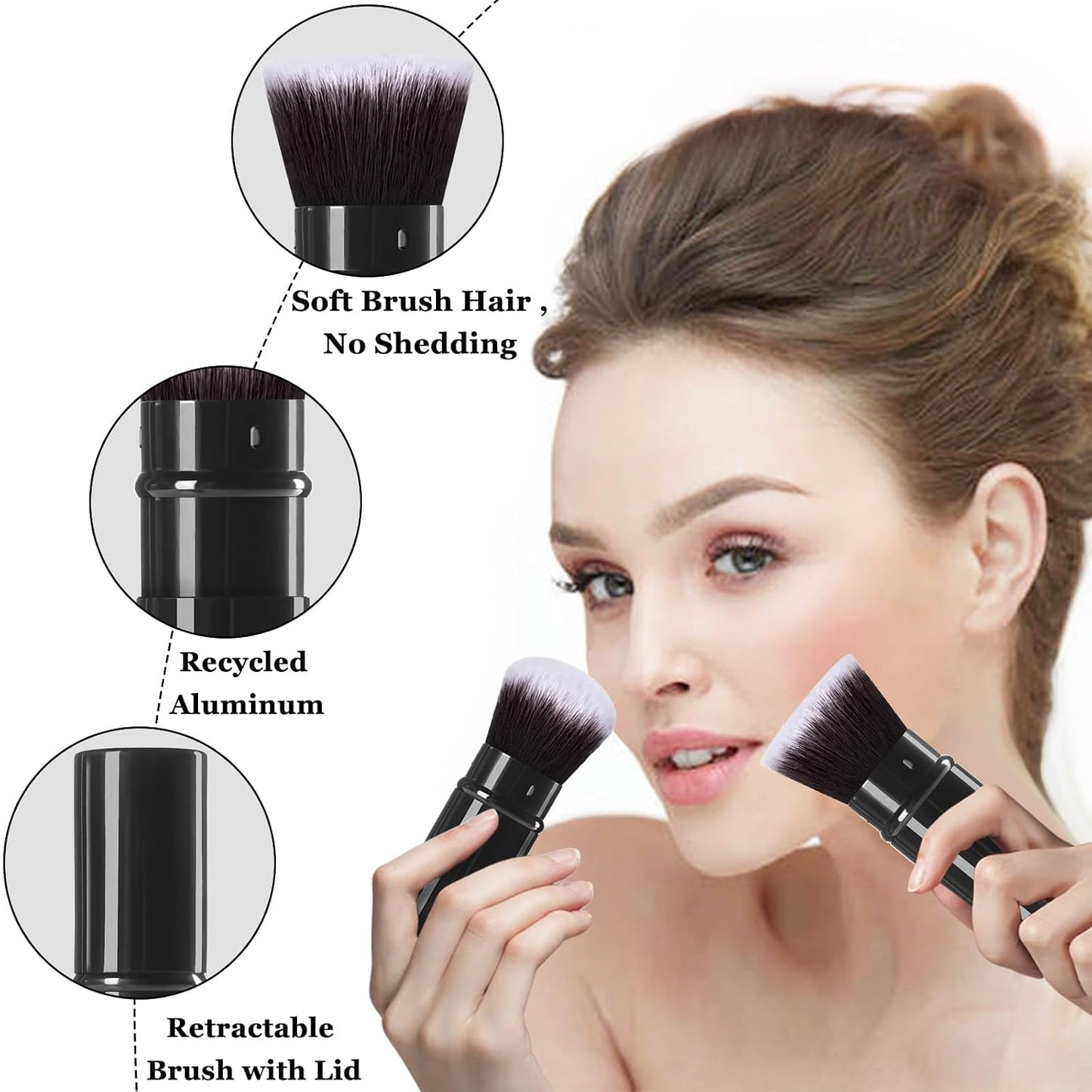 Retractable Kabuki Brush, 2 Pack Travel Foundation Face Makeup Brush Set | Powder Makeup Brushes for Blush, Liquid, Cream, Cosmetics, Loose Powder, Bronzer, with Aluminum Handle, Cover