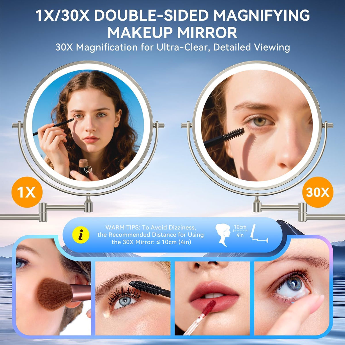 Auxmir 9″ 5000mAh 1X/30X Wall Mounted Lighted Magnifying Makeup Mirror | Power Adapter&2 Tweezers Included/ 3 Dimmable Colors/ Dual Sided Button Control/ Rechargeable/ 360° Rotation/ Nickel