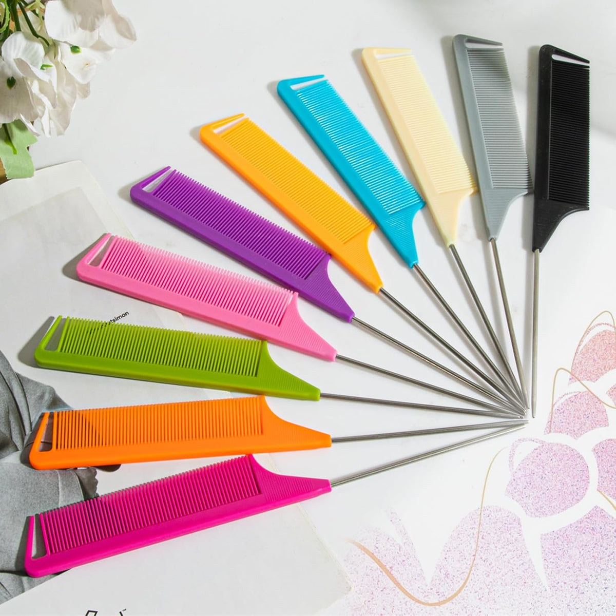 10pcs Rat Tail Combs Set,Salon Hair Stylists Metal Fine Tooth Combs | Parting Combs for Hair Teasing and Braiding,Women GirlStyling Combs for